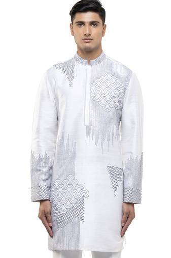 White embroidered silk kurta set