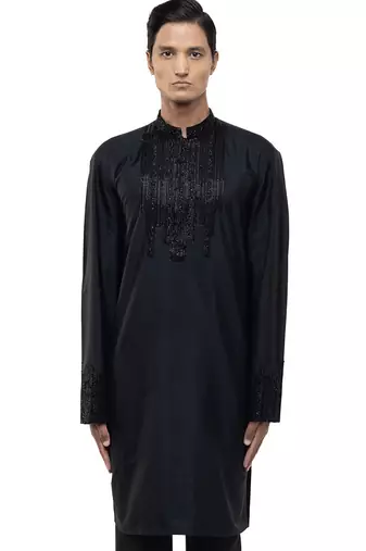 Black embroidered silk kurta set