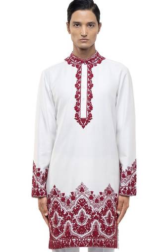 White embroidered silk kurta set