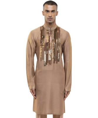 Brown embroidered silk kurta set 1