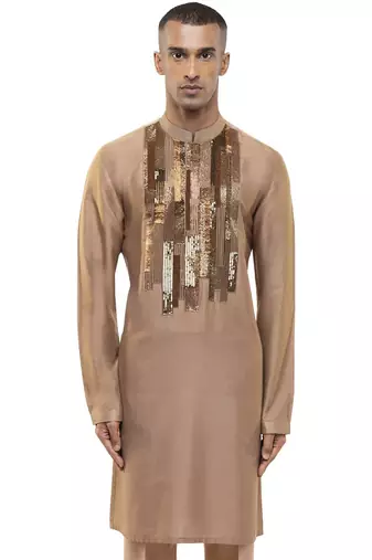 Brown embroidered silk kurta set