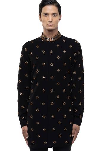 Black embroidered cotton kurta set