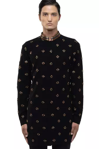 Black embroidered cotton kurta set