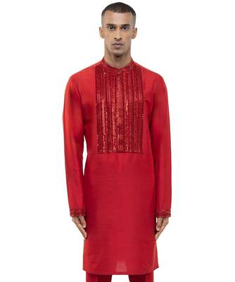 Red embroidered silk kurta set 1
