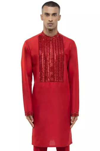 Red embroidered silk kurta set