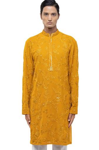 Yellow embroidered georgette kurta set