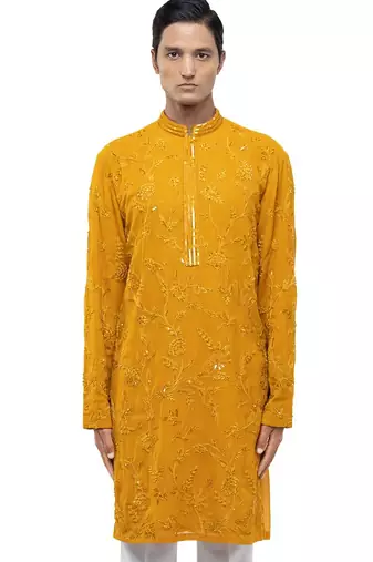 Yellow embroidered georgette kurta set