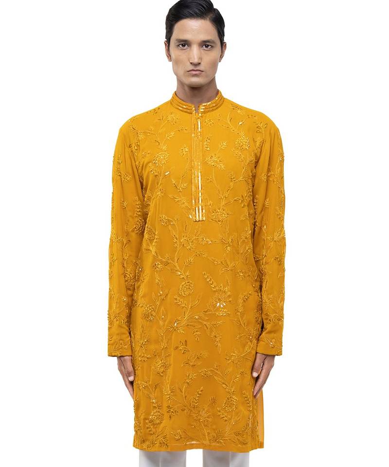 Yellow embroidered georgette kurta set