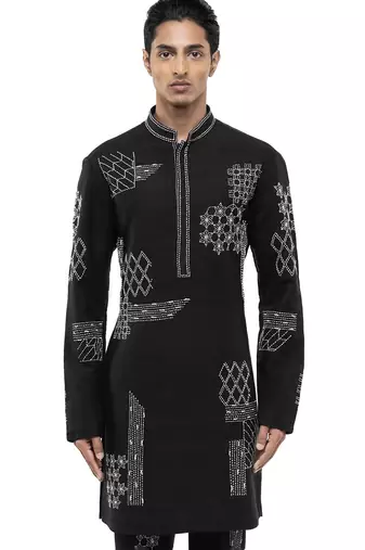 Black embroidered linen kurta set