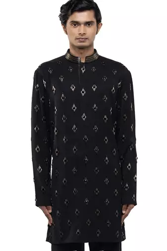 Black embroidered cotton kurta set