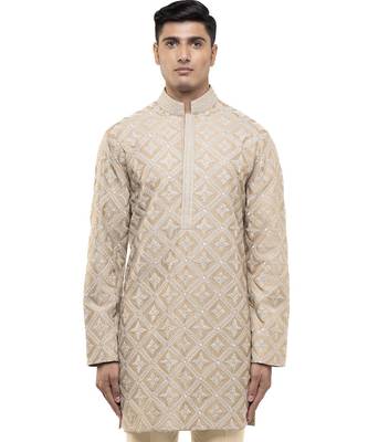 Beige embroidered silk kurta set 1
