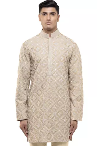Beige embroidered silk kurta set