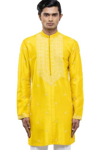 Yellow embroidered silk kurta set