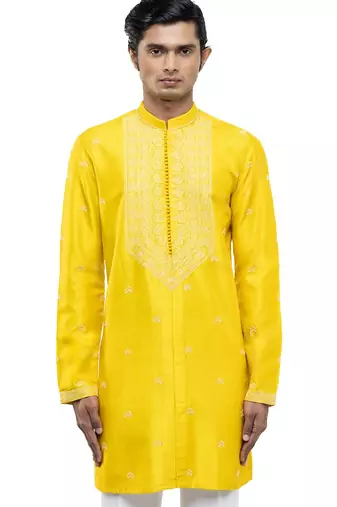 Yellow embroidered silk kurta set