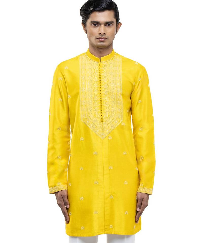 Yellow embroidered silk kurta set
