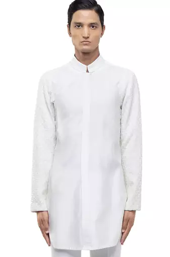 White embroidered silk kurta set