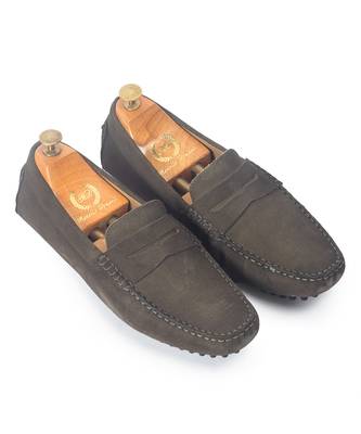 Grey solid leather loafers 1