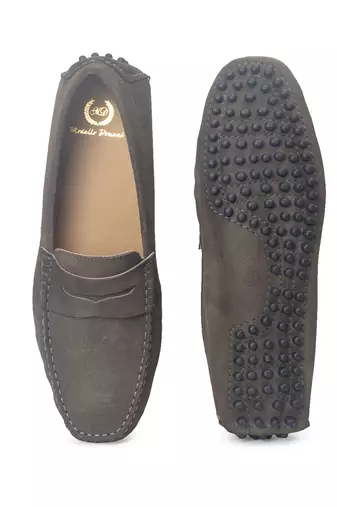 Grey solid leather loafers