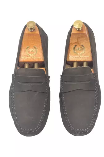 Grey solid leather loafers
