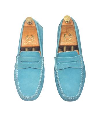 Blue solid leather loafers 5