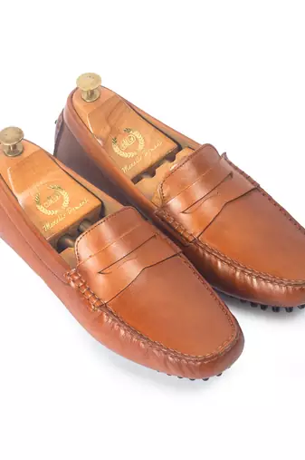 Tan solid leather loafers
