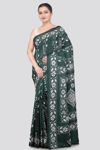 green handloom silk embroidered katha stitch work saree with blouse piece