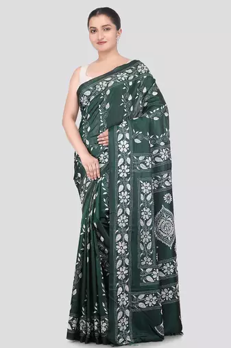 green handloom silk embroidered katha stitch work saree with blouse piece