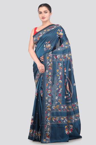 blue handloom silk embroidered katha stitch work saree with blouse piece