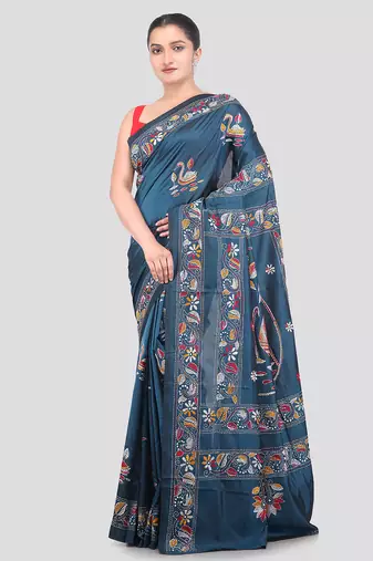 blue handloom silk embroidered katha stitch work saree with blouse piece