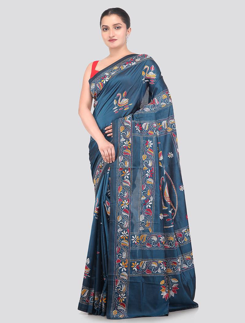 blue handloom silk embroidered katha stitch work saree with blouse piece