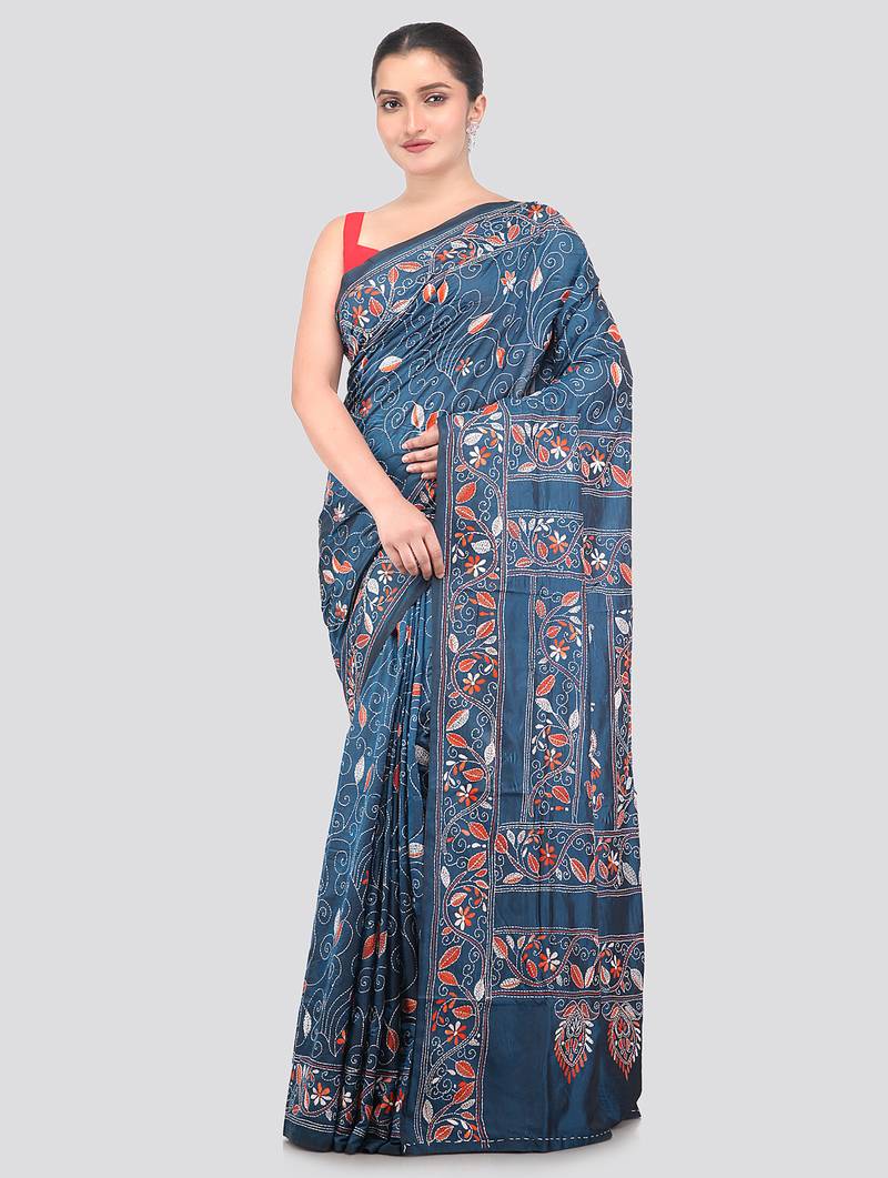 tealblue handloom silk embroidered katha stitch work saree with blouse piece