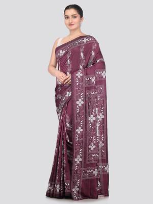 wine handloom silk embroidered katha stitch work saree with blouse piece 1