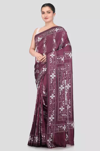 wine handloom silk embroidered katha stitch work saree with blouse piece