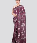 wine handloom silk embroidered katha stitch work saree with blouse piece