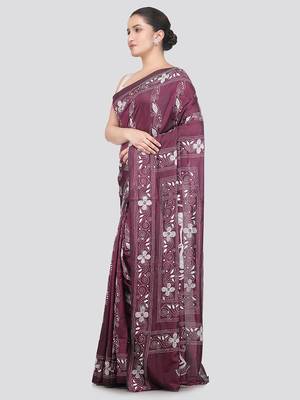 wine handloom silk embroidered katha stitch work saree with blouse piece 2