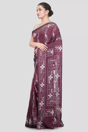 wine handloom silk embroidered katha stitch work saree with blouse piece