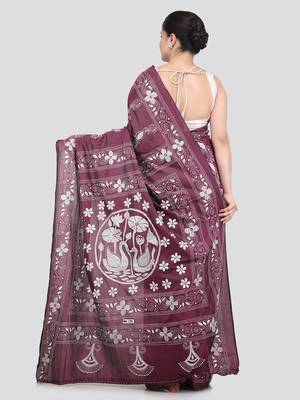 wine handloom silk embroidered katha stitch work saree with blouse piece 3