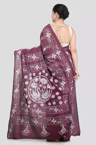 wine handloom silk embroidered katha stitch work saree with blouse piece