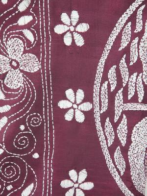 wine handloom silk embroidered katha stitch work saree with blouse piece 4