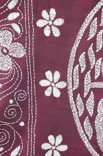 wine handloom silk embroidered katha stitch work saree with blouse piece