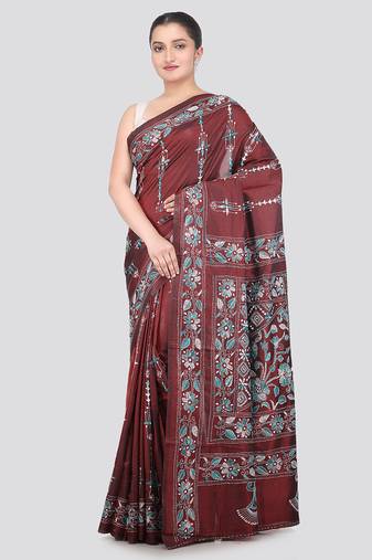 maroon handloom silk embroidered katha stitch work saree with blouse piece