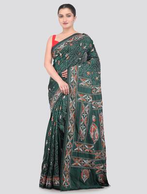 green handloom silk embroidered katha stitch work saree with blouse piece 1