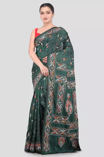 green handloom silk embroidered katha stitch work saree with blouse piece