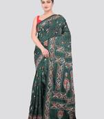 green handloom silk embroidered katha stitch work saree with blouse piece