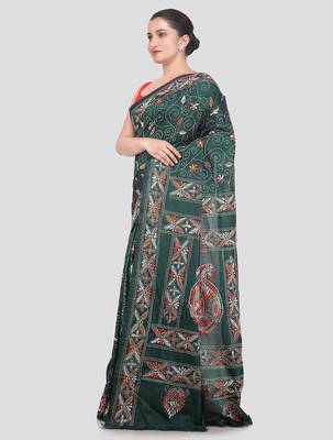 green handloom silk embroidered katha stitch work saree with blouse piece 2