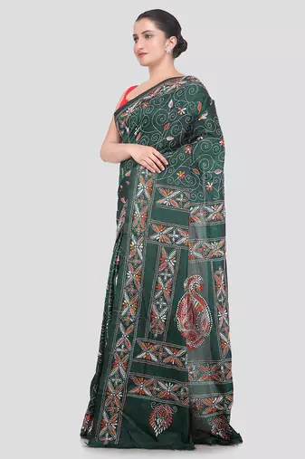green handloom silk embroidered katha stitch work saree with blouse piece