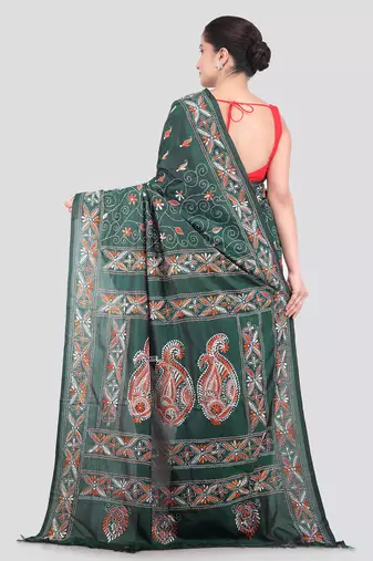 green handloom silk embroidered katha stitch work saree with blouse piece