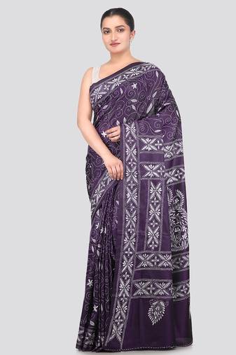violet handloom silk embroidered katha stitch work saree with blouse piece