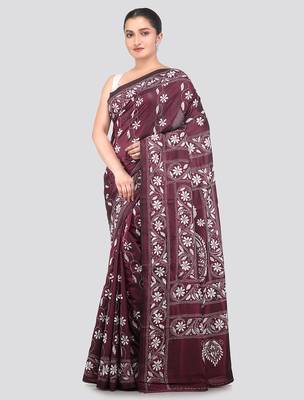 wine handloom silk embroidered katha stitch work saree with blouse piece 1