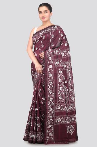wine handloom silk embroidered katha stitch work saree with blouse piece